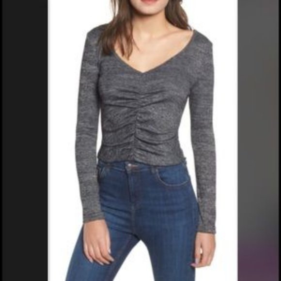 Nordstrom BP Long Sleeve V Neck Ruched Crop Top L - Picture 1 of 7